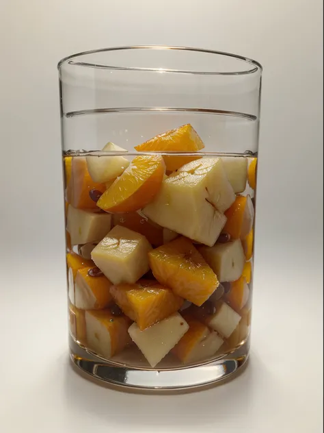 （Best quality，8K，Masterpiece：1.3），NOhumans，Clear glass，There are a lot of sliced pear in it、Oranges cut into cubes, blend, detalhe poderoso, intense detail, on the white background, Clear detail, professional,（Hyper-realistic：1.3）