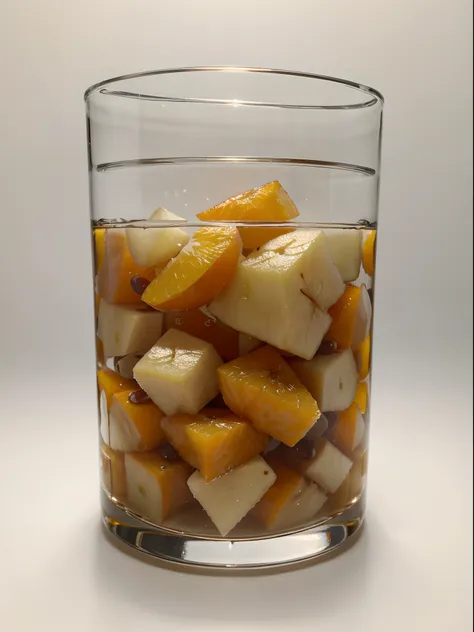 （Best quality，8K，Masterpiece：1.3），NOhumans，Clear glass，There are a lot of sliced pear in it、Oranges cut into cubes, blend, detalhe poderoso, intense detail, on the white background, Clear detail, professional,（Hyper-realistic：1.3）