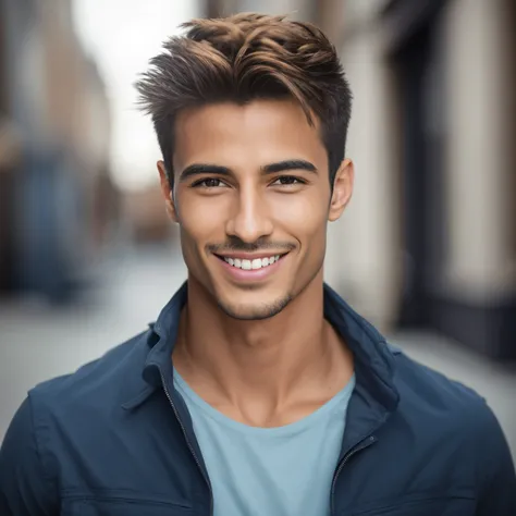 arafed man with a blue shirt and a black jacket smiling, young man with beautiful face, handsome attractive face, smiling male, attractive male, attractive man, attractive young man, beautiful young man, portrait of beautiful young man, perfect handsome fa...