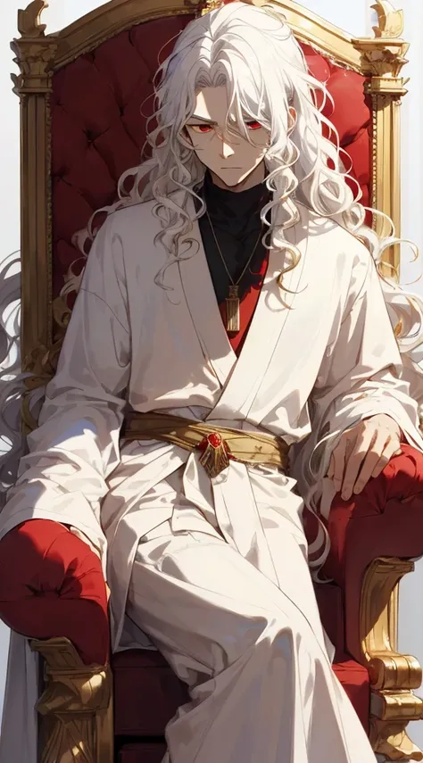 (masterpiece, best quality, high quality), 1boy, 1guy ((unimpressed)), sitting, looking at viewer, white hair, (long hair, disheveled hair), red eyes, :(, flowing hair, curly and wavy hair, wearing a red gemstone pendant, wearing a simple white silk robe, ...