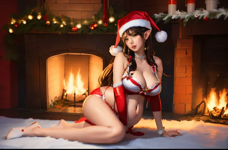 there is a pregnant woman in a santa outfit sitting on the floor holding her very largee and round pregnant belly, trending on cgstation, ig model | artgerm, deviantart artstation cgscosiety, artgerm on artstation pixiv, cutesexyrobutts, elf girl, santa cl...