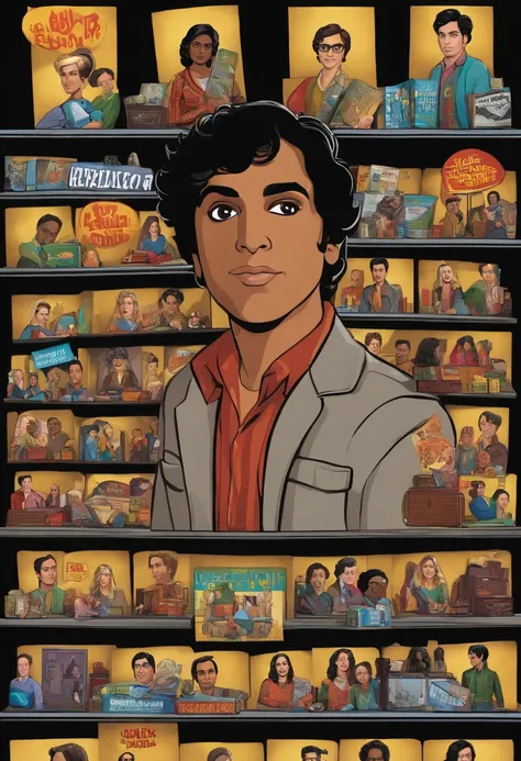 A shelf filled with comic books and collectible figurines,The Big Bang Theory,Raj is an Indian man with black hair and brown eyes, portrayed by Kunal Nayyar