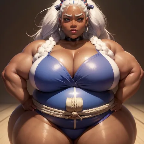 Dark skin, giantess, ((strongfat)), ssbbw, obese, strong arms, white hair, blue eyes, mawashi, tall, looming over viewer, (gentle smile), ((sumo wrestler)), gigantic, insanely large belly, sweaty, subtle blush, workout, middle aged woman, (bare arms)