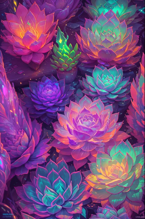 There&#39;s a succulent that glows in the dark，glowing succulents，Glowing succulent flowers，Crystal chalice placed on succulents，Amazing colorful succulent flowers，Surreal pregnant flower，glowing neon succulents，Glowing delicate succulent flowers, ，Ghibli-...