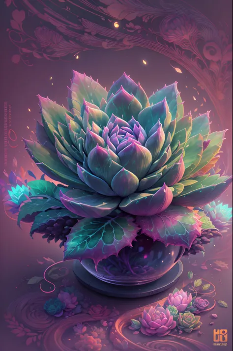 There&#39;s a succulent that glows in the dark，glowing succulents，Glowing succulent flowers，Crystal chalice placed on succulents，Amazing colorful succulent flowers，Surreal pregnant flower，glowing neon succulents，Glowing delicate succulent flowers, ，Ghibli-...