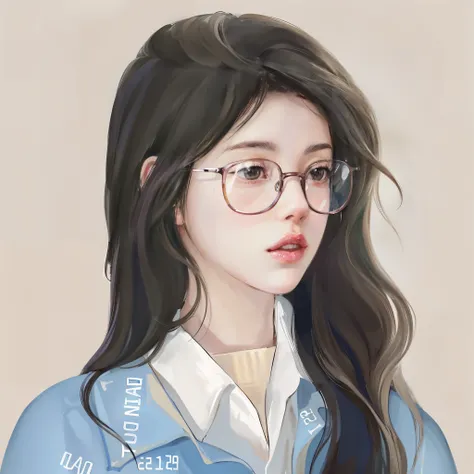 There is one who wears glasses、woman wearing blue shirt, wears glasses, kawaii realistic portrait, in the art style of bowater, girl wearing spectacles, Guweiz style artwork, inspired by Yanjun Cheng, Realistic cute girl painting, cute portrait, 🤤 girl por...