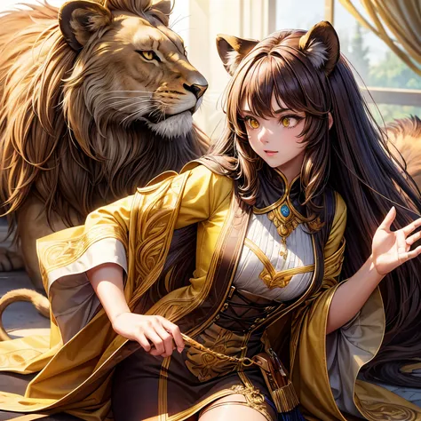 Teen girl with the ears and tail from a lion have brown hair and yellow eyes,
Brown and yellow Fur clothes,
Yellow Eyes,
High detailed Face,
High detailed Eyes,
Perfect Face,
Detailed Hand,
Detailed tail, Lion Tail, , side view, Tail,