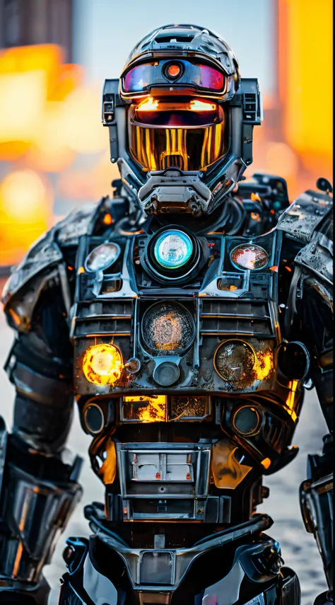 Portrait photo of transparent camo worn mech suit, ((light bokeh)), intricate, ((translucent) liquid water [rust]), elegant, sharp focus, photo by greg rutkowski, soft lighting, vibrant colors, masterpiece, ((streets)), detailed face