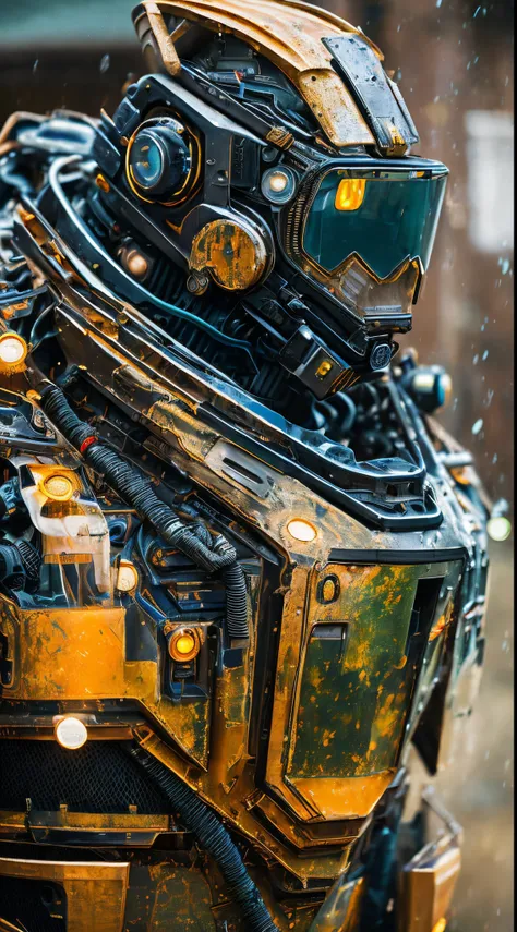 Portrait photo of transparent camo worn mech suit, ((light bokeh)), intricate, ((translucent) liquid water [rust]), elegant, sharp focus, photo by greg rutkowski, soft lighting, vibrant colors, masterpiece, ((streets)), detailed face