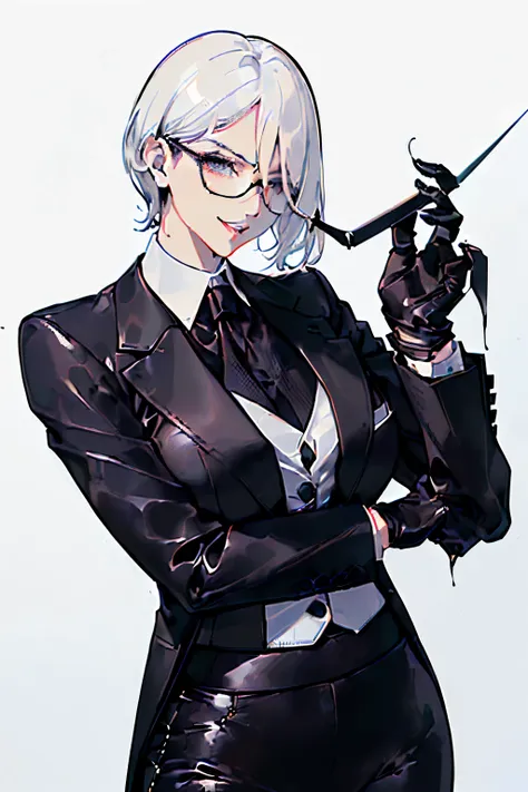 (top-quality、​masterpiece:1.2) ((1womanl)) ((black short hair、hair hanging over the ears)) ((white office background)) eye glass...