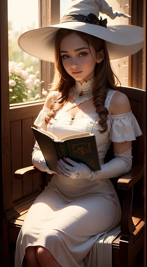 Beautiful teenage girl 8 years old, The girl is sitting, girl smiles sweetly, girl reading a huge ancient book, His face is illuminated by the bright rays of the sun, girl wearing a white dress, witch&#39;s hat on the head, The perfect female face of the g...