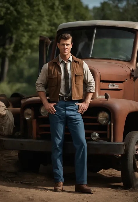 A photo of Jim standing next to a vintage pickup truck, holding a toolbox and wearing a grease-stained work shirt.,Gotham,Jim has very short brown hair, styled neatly. Wears a suit and tie, is a detective, famously portrayed by Ben McKenzie