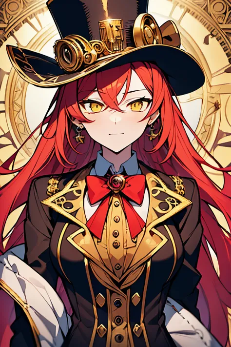 (8k, HD, best quality, absurdres, intricate details, colorful, masterpiece: 1.2) a clockwork professor inventor woman,1girl, yellow eyes, red hair, long hair, red bowtie, white undershirt, brown collared jacket dress, golden rose on neck, single earring, s...