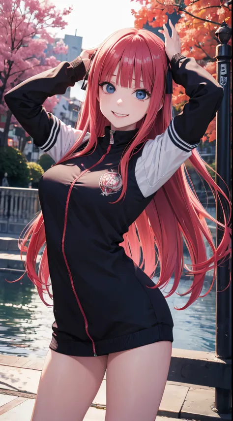 Nino Nakano Vampiro riendo,manos detalladas,Pose sexy,uniforme escolar de medias largas con sueter,parque frente del lago