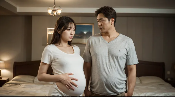 (middle aged couple 1.5)(The background is a room..) 8K, Upper Body Display 1.5) (Cinematic Lighting 1.5), South Korean, Korean woman and man, Pregnant women,