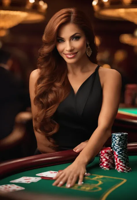 A photo of Jasmine at a casino table, surrounded by high-stakes poker players, skillfully playing her hand with a sly smile.,original,Jasmine, with her flowing auburn hair and captivating emerald eyes, radiates a magnetic allure, her appearance striking a ...