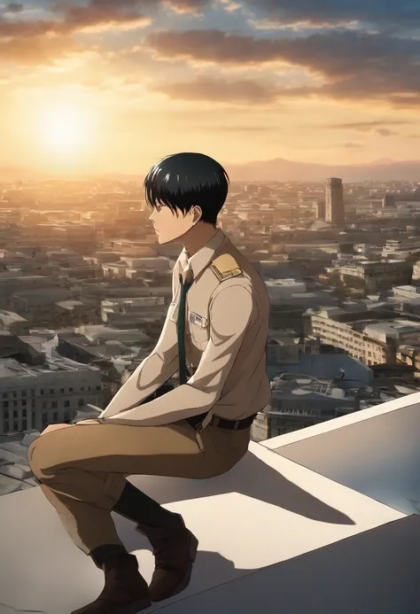 A photo of Bertholdt sitting on the rooftop of a tall building, looking out at the city below as the sun sets in the distance.,Attack on Titan,Bertholdt is very tall with tan skin, a large nose, murky teal eyes, very short black hair with short M-shaped ba...