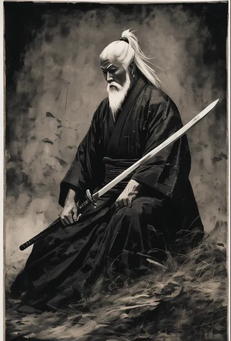 imagem arafada de um homem com uma espada em uma foto em preto e branco, inspired by Kanō Sanraku, inspired by Kanō Hōgai, inspired by Tōshūsai Sharaku, Retrato Samurai, inspired by Kōshirō Onchi, Miyamoto Musashi, Retrato de um samurai