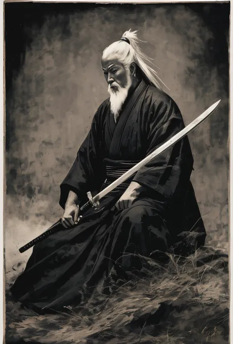 imagem arafada de um homem com uma espada em uma foto em preto e branco, ao fundo uma imagem de uma vila do japao feudal arrasada pelo fogo, vila destruida, inspired by Kanō Sanraku, inspired by Kanō Hōgai, inspired by Tōshūsai Sharaku, Retrato Samurai, in...