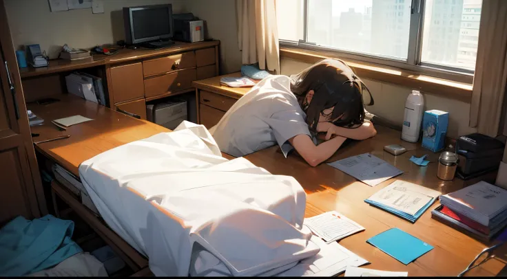 high-definition picture、messy table、desk work、The table、a bed、Wrapped in a towel、A little toss-up、Facing backwards。