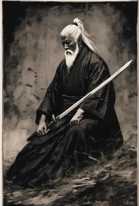 imagem arafada de um homem com uma espada em uma foto em preto e branco, ao fundo uma imagem de uma vila do japao feudal arrasada pelo fogo, vila destruida, inspired by Kanō Sanraku, inspired by Kanō Hōgai, inspired by Tōshūsai Sharaku, Retrato Samurai, in...