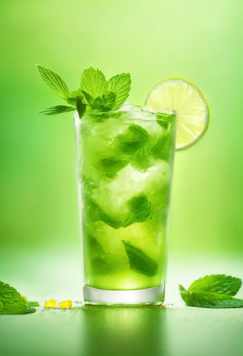 Mojito Cocktail with rum, mint leaves and lime zest, lemonade color, extreme close up photo, texture, green color, background . High quality Stock photo, promo photo, 4k. background banner, Editorial Photography, Shot on 70mm lens, Depth of Field, Bokeh, D...