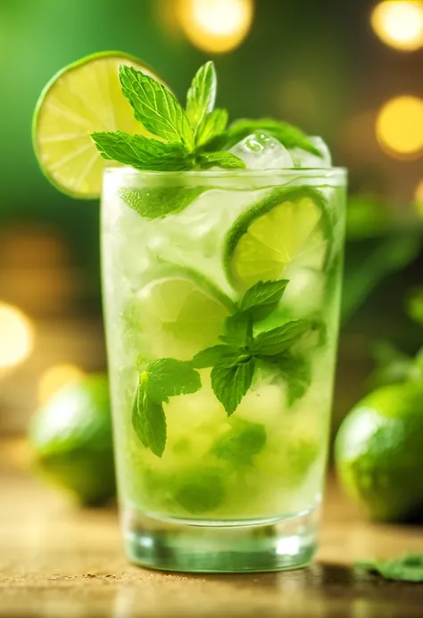 Mojito Cocktail with rum, mint leaves and lime zest, lemonade color, extreme close up photo, texture, green color, background . High quality Stock photo, promo photo, 4k. background banner, Editorial Photography, Shot on 70mm lens, Depth of Field, Bokeh, D...