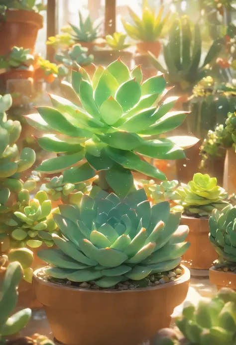 Succulents、potted plant、glasshouse、wide variety of succulents、Botanical Garden、best composition、masutepiece、Photorealsitic、ultra-detailliert