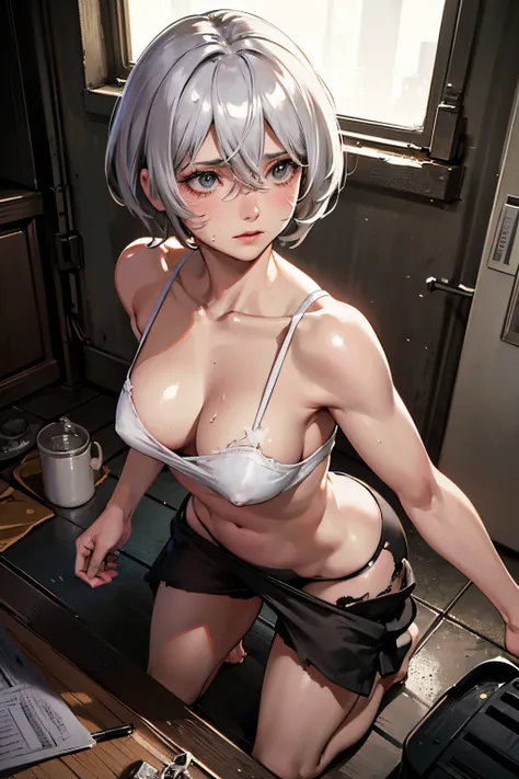 (8K, RAW photos, best image quality, masterpieces, : 1.2), (realistic, photorealistic: 1.37), 20-year-old ((Yorha2b, grey hair)) with a sad face of homeless, sad expression of despair, depressed, on all fours, poor, dirty room littered with garbage, torn a...