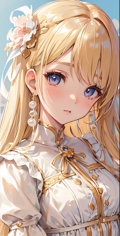 ((masutepiece)), High quality, super detailed, Blonde hair + White clothing: 1.2, sweet and delicate girl, nffsw, Lolita, Delicate facial features, Perfect figure, face with pearl decoration, bubbles surrounding, bright bright colors, romantic long hair, N...