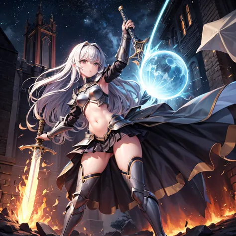 quadratic element、girl with、teen ager、s Armor、Sword in one hand、Long sword、Navel Ejection、thighs thighs thighs thighs、shinny skin、full body Esbian、Standing、Ruins in the background、Burning flame、Fight monsters、length hair、Cute faces in anime、Viewer-facing、s...