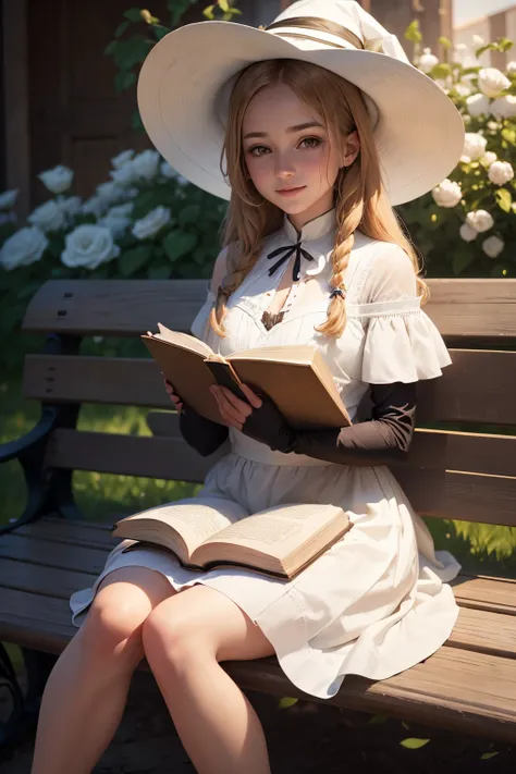 Beautiful young witch sitting on a bench, The girl smiles sweetly, His face is illuminated by the bright rays of the sun, The girl is dressed in a white dress, witch&#39;s hat on the head, The perfect female face of the goddess, Деталь 8k, photo realistic ...