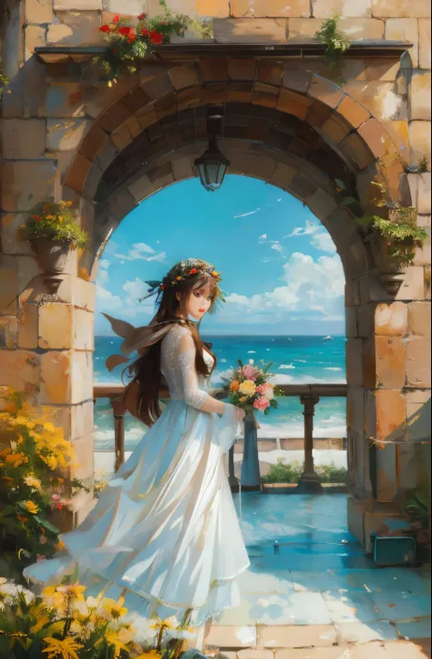 Painting of a woman in a white dress standing in front of a stone archway, guweiz, guweiz masterpiece, Rin, guweiz on pixiv artstation, makoto sinkai, Lori, artwork in the style of guweiz, guweiz and makoto shinkai, studio glibly makoto shinkai