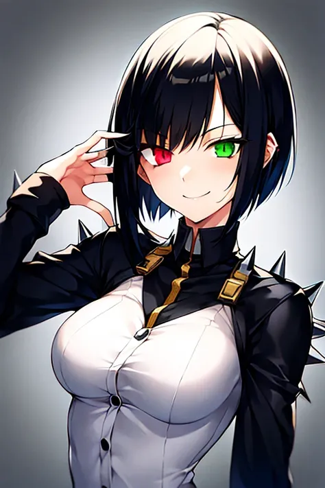 girl in prison uniform with heterochromia , smiles maliciously, short hair spiky , black  hair, very thin,