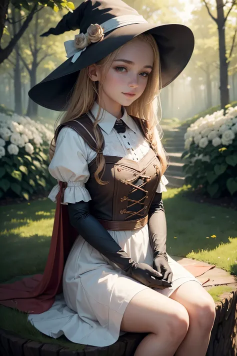 Beautiful young witch sitting on a large stump, The girl smiles sweetly, His face is illuminated by the bright rays of the sun, The girl is dressed in a white dress, witch&#39;s hat on the head, The perfect female face of the goddess, Деталь 8k, photo real...