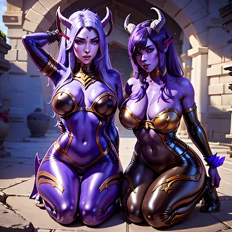 Draeneï de World of Warcraft portant un tissu en latex, image de tres haute qualité, elle a les sabot des draenei ainsi que la queue, sa tenue en latex nest composé que dune jupe et un haut de bikini, elle se tien debout fierement.