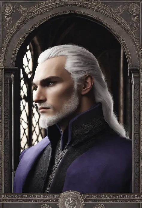 Aemond Targaryen sitting in the library of the Red Keep, surrounded by ancient tomes and scrolls, with a look of intense concentration on his face.,A Song of Ice and Fire,His physical presence is characterized by silver, straight, and well-kept hair cascad...