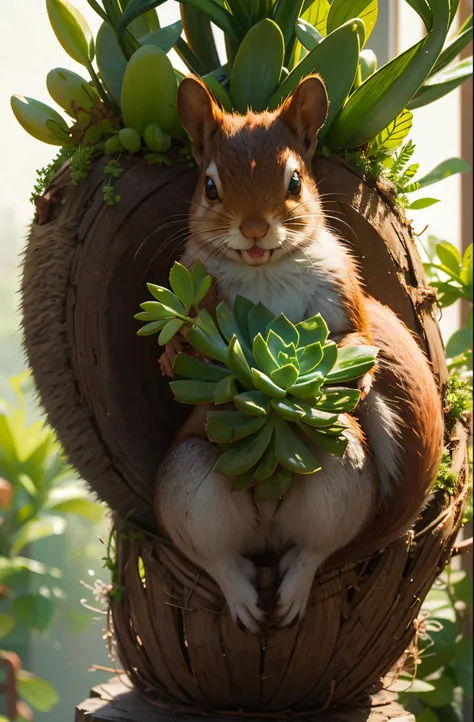 Squirrel holding succulent plant with paw close-up，glowing plants，glowing succulents，fluorescence