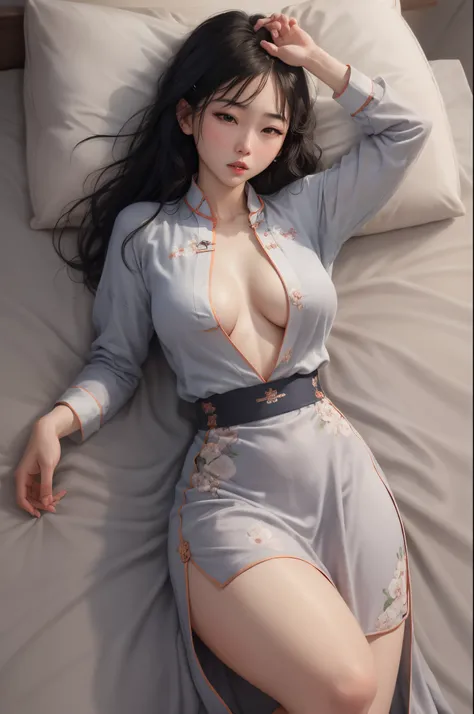 asian girl with Cheongsam dress, Sleep in bedroom, Lying down and sleeping on the bed, Shirt with open buttons showing breasts, skirt rode up until her underwear was visible, realistic