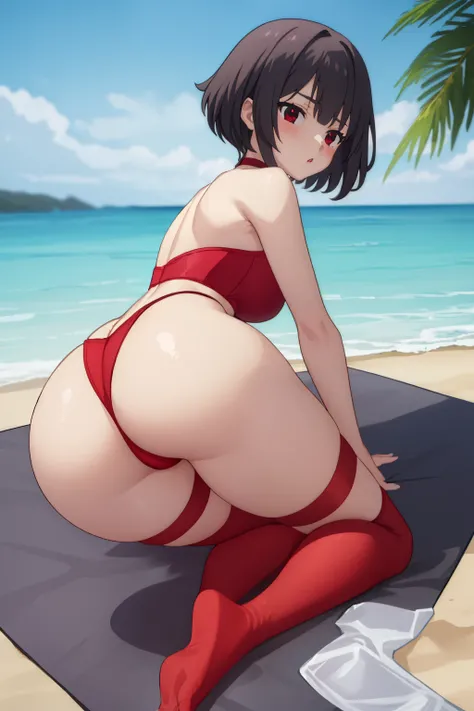 1girl, highleg panties, 
ass,  beach,, masterpiece, best quality, highly detailed, short black shine hair, red eyes, red choker