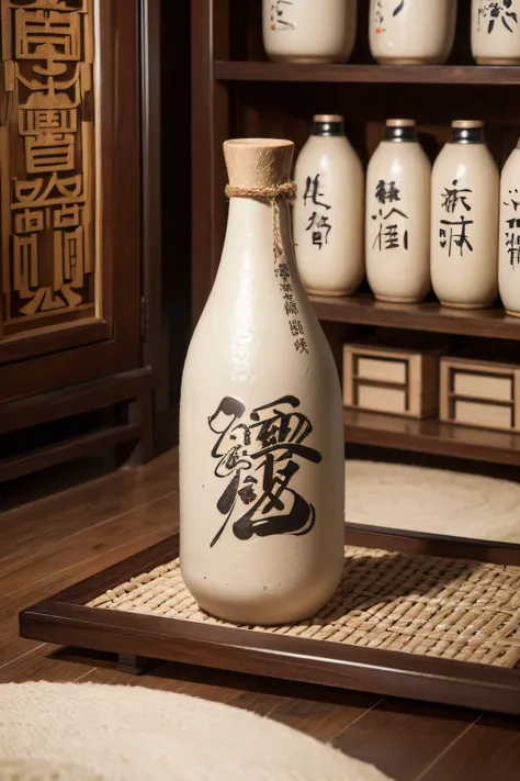 Design and create a rice wine bottle，Packaging design is required to reflect Shaoxing culture，Combining ancient style calligraphy and rice wine poetry，A rice wine bottle with a certain pattern design and a rice wine bottle packaging box next to the rice wi...