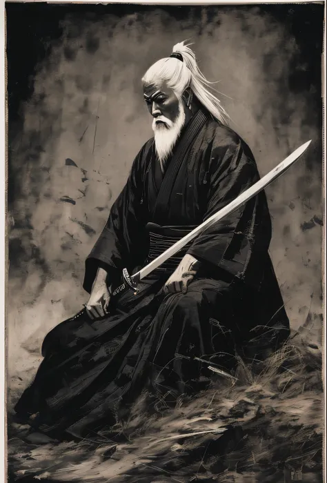 imagem arafada de um homem com uma espada em uma foto em preto e branco, ao fundo uma imagem de uma vila do japao feudal arrasada pelo fogo, vila destruida, inspired by Kanō Sanraku, inspired by Kanō Hōgai, inspired by Tōshūsai Sharaku, Retrato Samurai, in...