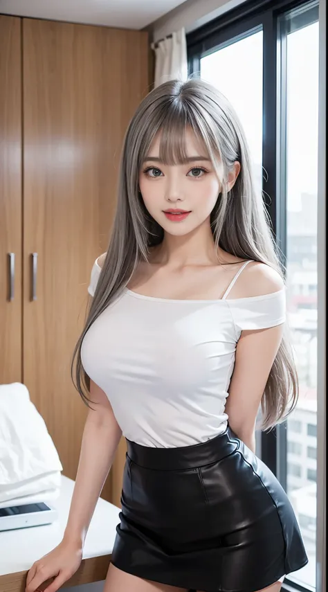 （Girl Standing In Office Changing Room）、（（posterior view））, Silver hair, Bangs, Blunt bangs, Long straight hair, （side poneyTail）aqua eyes, longeyelashes, Solid Circle Eyes, makeup, Open mouth, blush, Parted lips, Bright pupils, smiley, Seductive smile, gl...