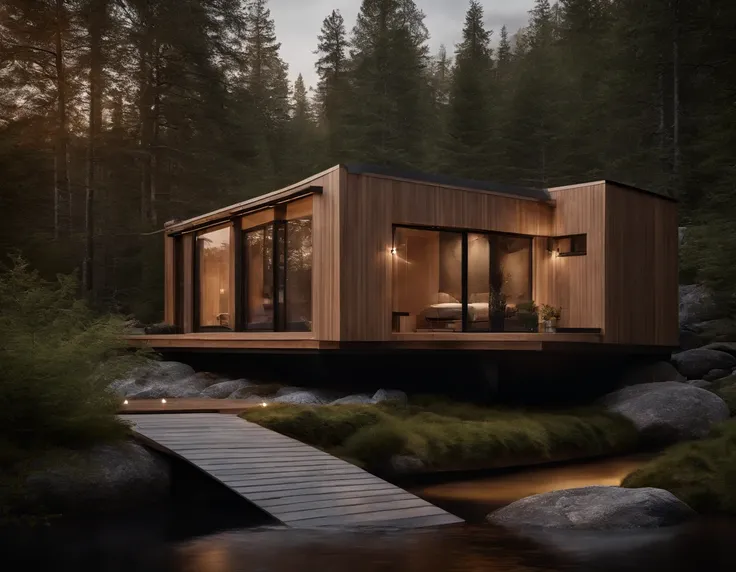 Exterior image of a tiny house duplex house in a Scandinavian nature, standing wood panel, avantgarde, panorama glass windows, forests, waterfall inside atrium, rocks, natural pond of water, inspired bu architect Zaha Hadid