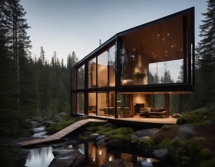 Exterior image of a tiny house duplex house in a Scandinavian nature, standing wood panel, avantgarde, panorama glass windows, forests, waterfall inside atrium, rocks, natural pond of water, inspired bu architect Zaha Hadid