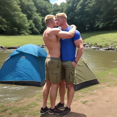 Full body picture, side view, in a campsite by the river, one very big strong college guy, 10 feet tall, very tall, strong young guy, wearing cargo shorts, very strong legs and arms, wide shoulders and hips, blond hair, with [a] short skinny guy [embracing...