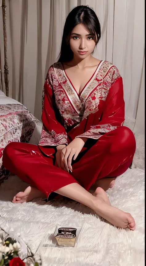 Indian woman is a beautiful woman, elegant and charming, good facial features.Attracted everyone&#39;s concern.  Wearing beautiful pajamas, sit on a bed.intoxicate.  She is a charming and dazzling scenery.  In her eyes, Just fleeting，Can hide her stunning ...