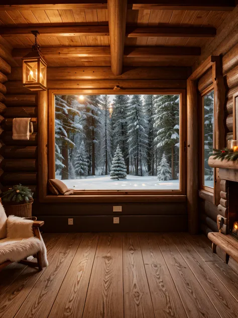 (best quality,highres:1.2,ultra-detailed,realistic),modern cabin interior,window showing winter night,warm fireplace,cozy atmosp...