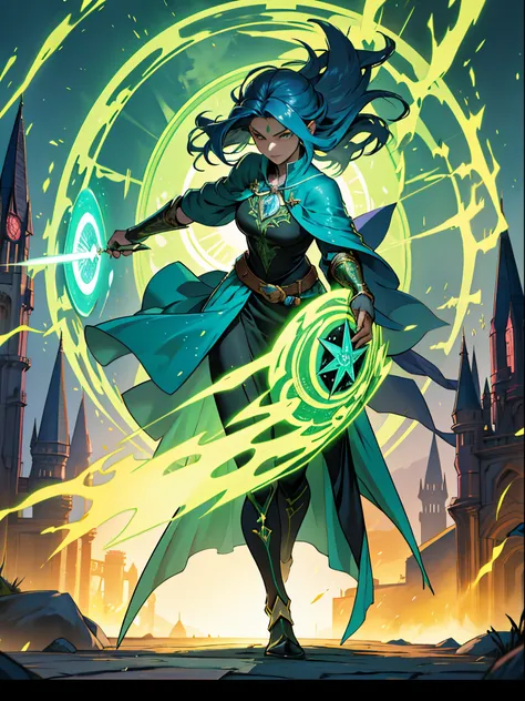 a powerful spell，can create a magical protective barrier, a woman uses green magic to conjure a magical shield into a perfect fa...