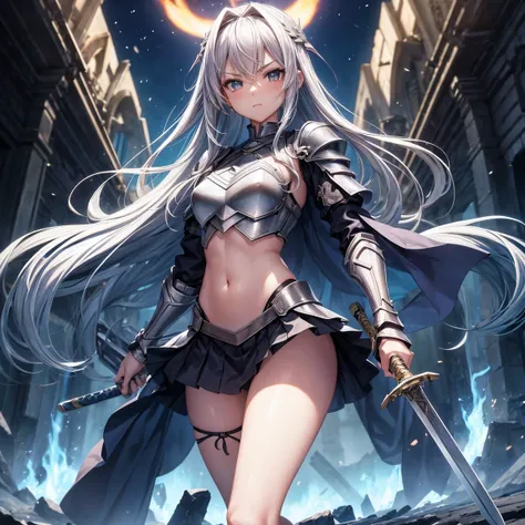 quadratic element、girl with、teen ager、s Armor、Sword in one hand、Long sword、Navel Ejection、thighs thighs thighs thighs、shinny skin、full body Esbian、Standing、Ruins in the background、Burning flame、Fight monsters、length hair、Cute faces in anime、Viewer-facing、s...